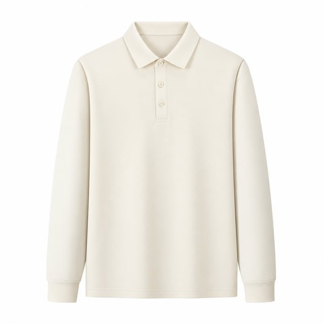 Reference illustration of an ivory long-sleeve polo shirt with a plain collar, three-button opening and ribbed cuffs.