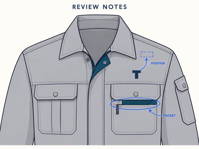 Jacket pocket and logo revision notes Reference illustration of a grey jacket drawing with blue annotations around the chest logo position and pocket opening.