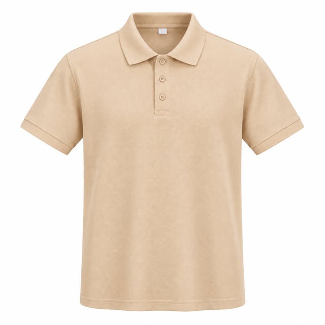 Khaki short-sleeve polo shirt Khaki short-sleeve polo shirt with a plain collar and three-button placket.