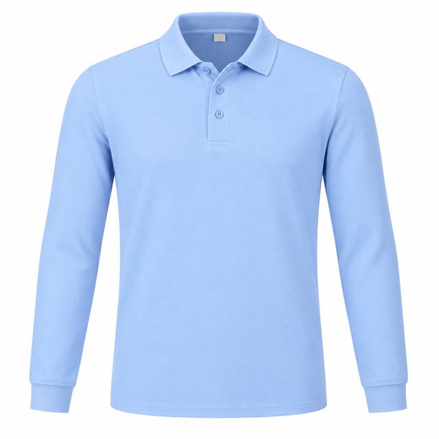 Reference illustration of a light blue long-sleeve polo shirt with a plain collar and ribbed cuffs.