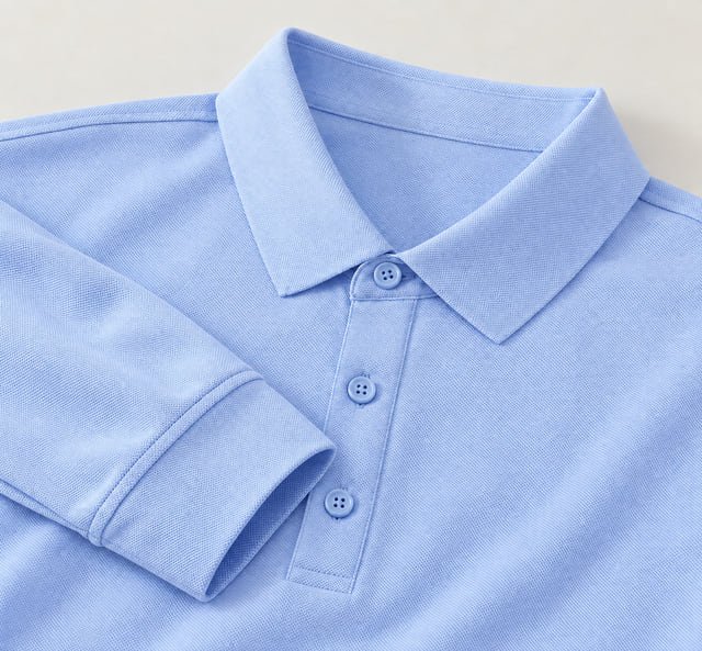 Polo collar, placket and sleeve — illustration Illustration of a light blue polo collar, three-button placket and folded sleeve cuff.