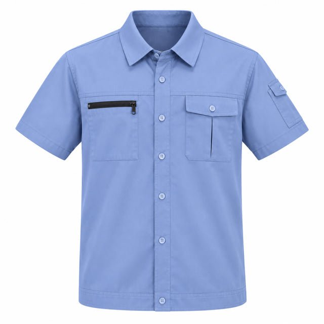 Light blue short-sleeve work shirt Light blue short-sleeve work shirt with a button front, zipped chest pocket and flap chest pocket.