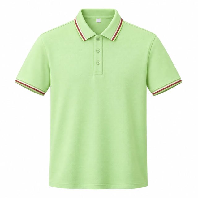 Light green short-sleeve polo shirt with red and white stripes on the collar and cuffs.