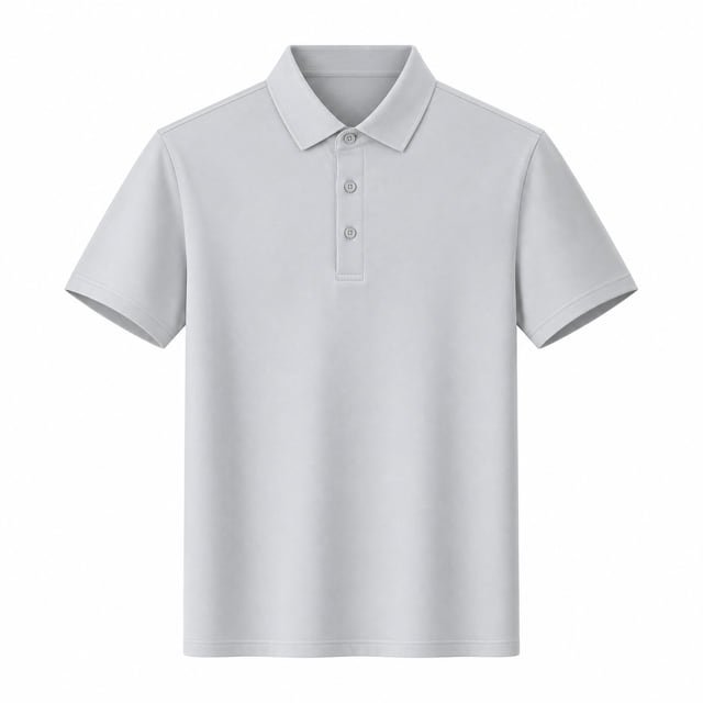 Reference illustration of a light grey short-sleeve polo shirt with a plain collar and three-button opening.