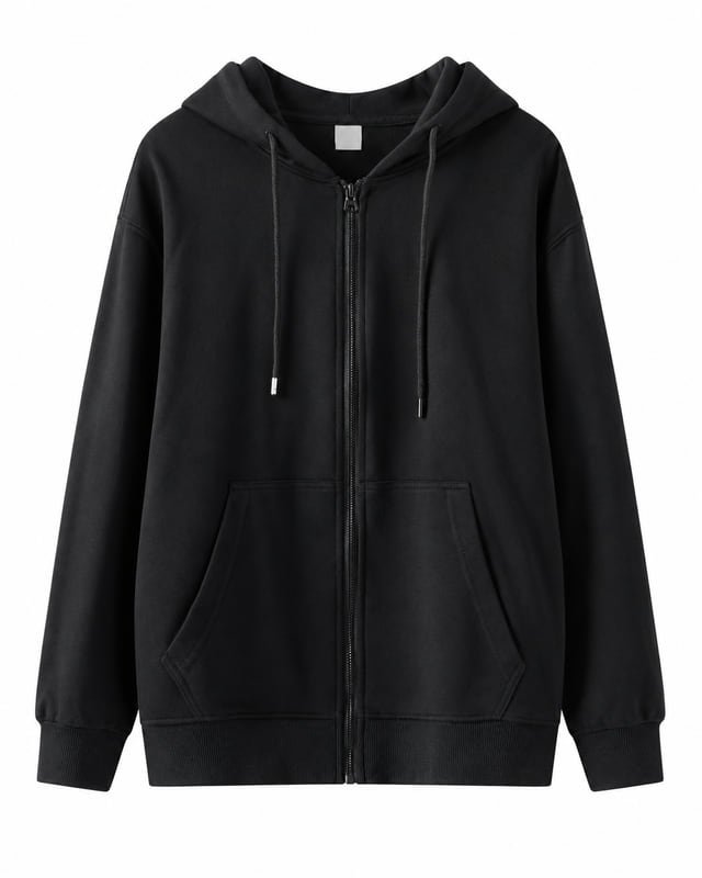 Reference illustration: Front view of a black full-zip hoodie with a drawcord hood and two front pockets.