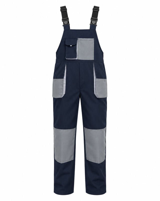 Reference illustration of navy bib work overalls with adjustable shoulder straps, divided chest pockets and contrasting grey knee panels.