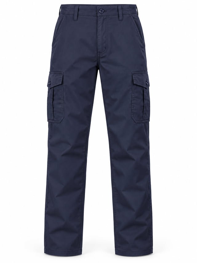 Navy cargo work pants Navy cargo work pants with belt loops, side pockets and flap pockets on both legs.