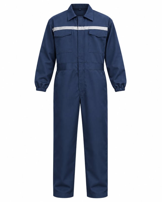 Reference illustration of a navy long-sleeve coverall with two flap chest pockets, gathered cuffs and a silver-coloured chest band.