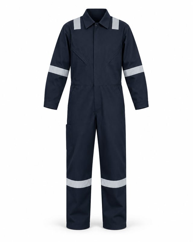 Navy long-sleeve coverall with silver-grey trim at the shoulders, sleeves and lower legs.