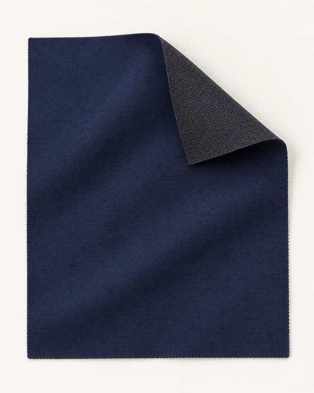 Navy fabric face and reverse reference Reference illustration of a navy fabric swatch with one corner folded back to show its dark textured reverse.