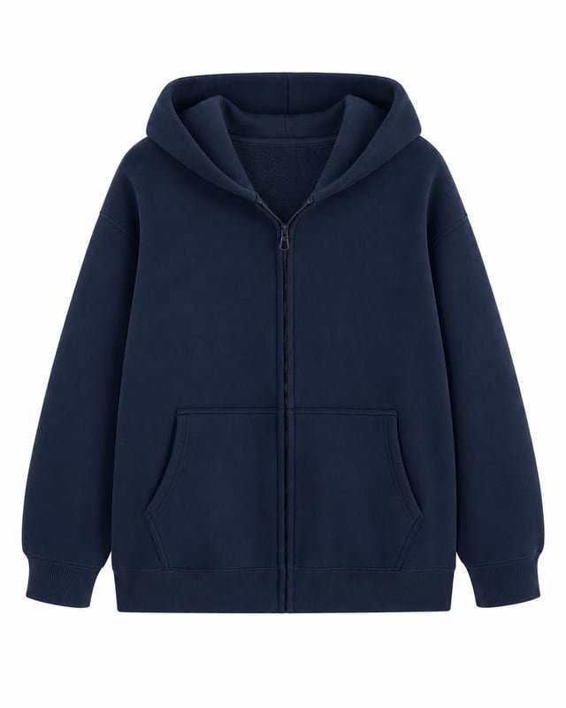 Reference illustration of a navy full-zip hoodie with dropped shoulders, ribbed cuffs and a divided front pouch pocket.