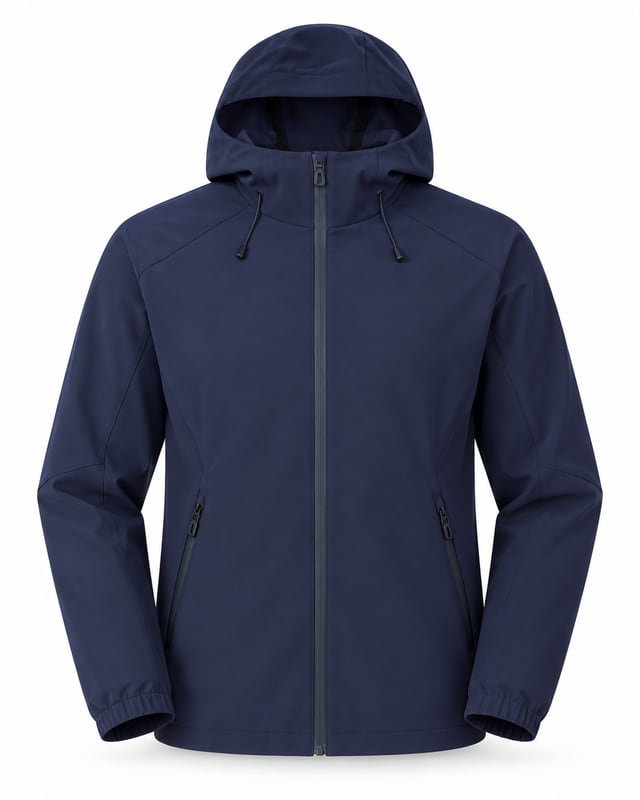 Navy hooded jacket with adjustment cords, a full zip, zipped side pockets and gathered cuffs.