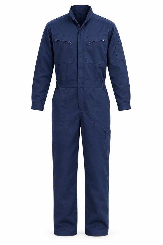 Navy long-sleeve coverall Navy long-sleeve coverall with a stand collar, zipped chest pockets and pockets at the hips, sleeve and leg.