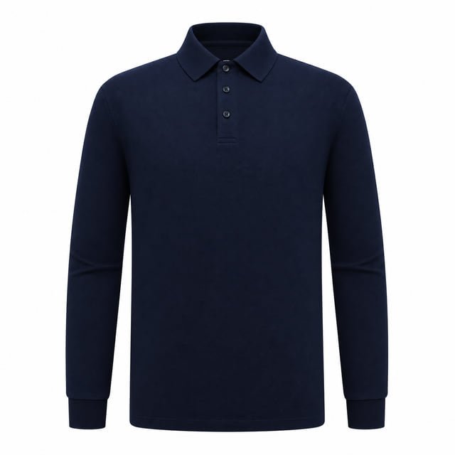 Navy long-sleeve polo shirt with a three-button placket and cuff bands.