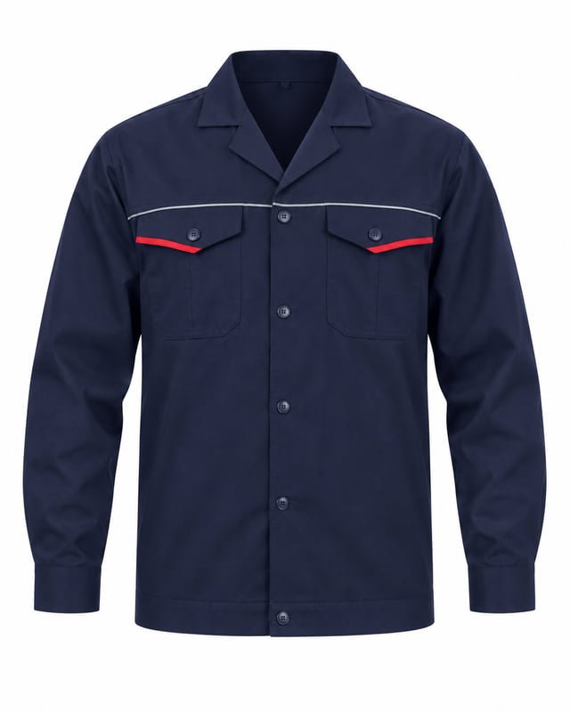 Navy long-sleeve work shirt with an open collar, two flap chest pockets and red pocket trim.