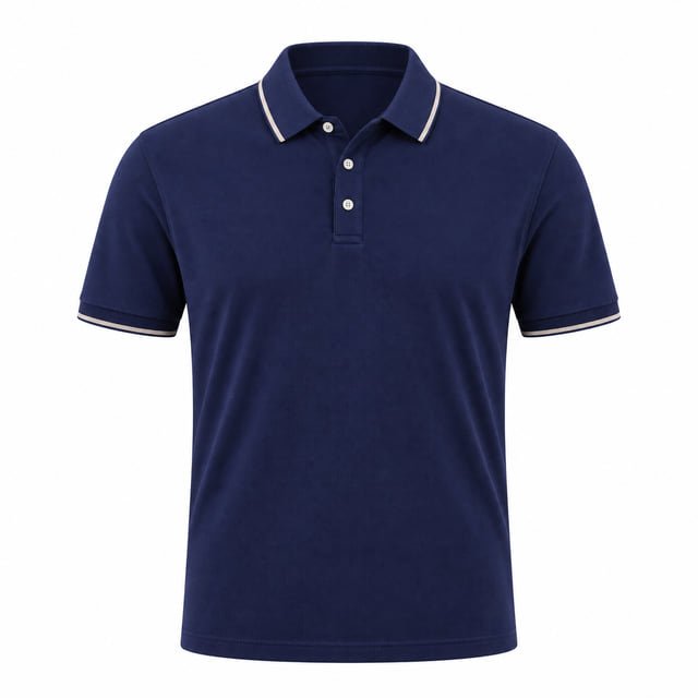Reference illustration of a navy short-sleeve polo shirt with narrow light stripes at the collar and sleeve cuffs.