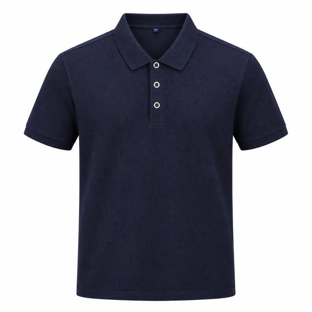 Reference illustration of a navy short-sleeve polo shirt with a plain collar and light-edged placket buttons.