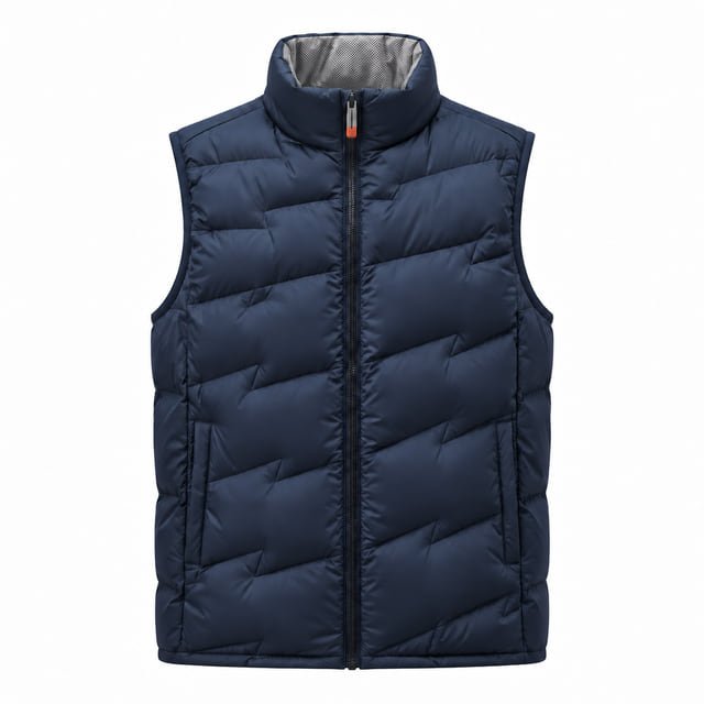 Navy quilted bodywarmer Navy quilted bodywarmer with a stand collar, orange zip pull and side pockets.