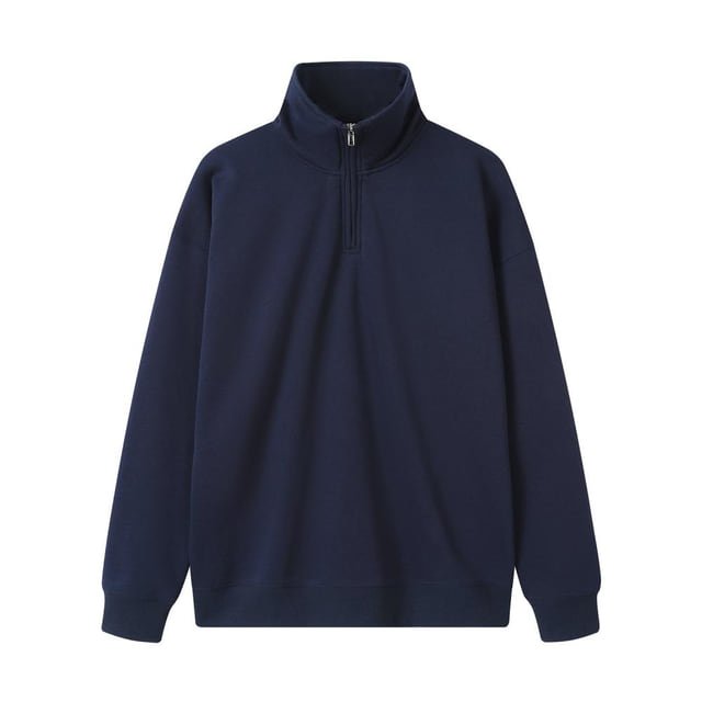 Front view of a navy pullover sweatshirt with a stand collar, short front zip and ribbed cuffs.