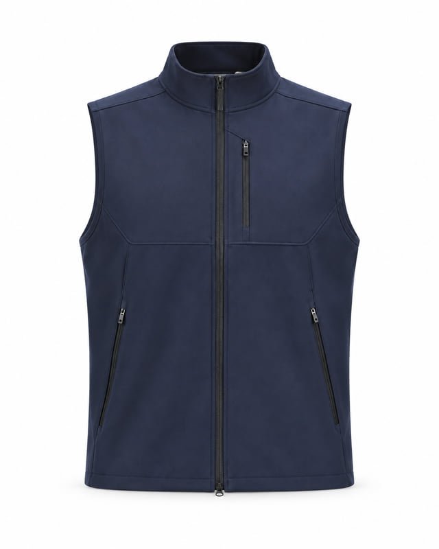Navy stand-collar vest with a front zip, vertical chest zip pocket and angled side zip pockets.