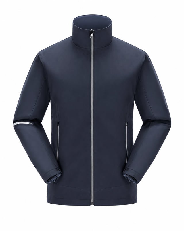 Reference illustration of a navy stand-collar jacket with a full front zip, zipped side pockets and a narrow light sleeve detail.