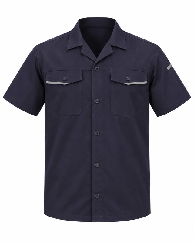 Reference illustration of a navy short-sleeve work shirt with a button front, two flap chest pockets and narrow light pocket trim.