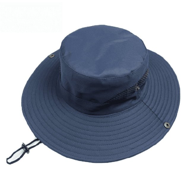 Navy wide-brim hat with mesh side panels, brim snaps and a chin cord with an adjuster.