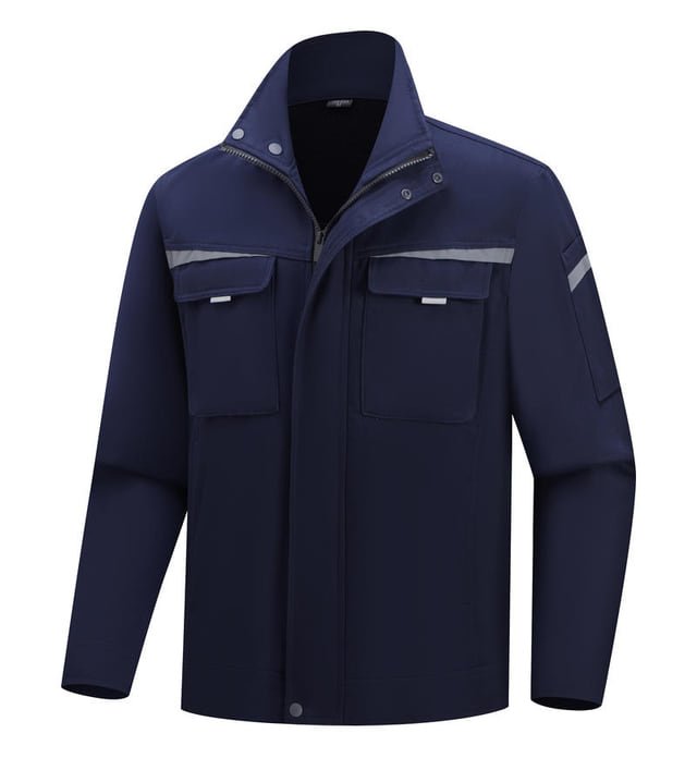 Navy work jacket with a raised collar, covered zip front and flap chest pockets.