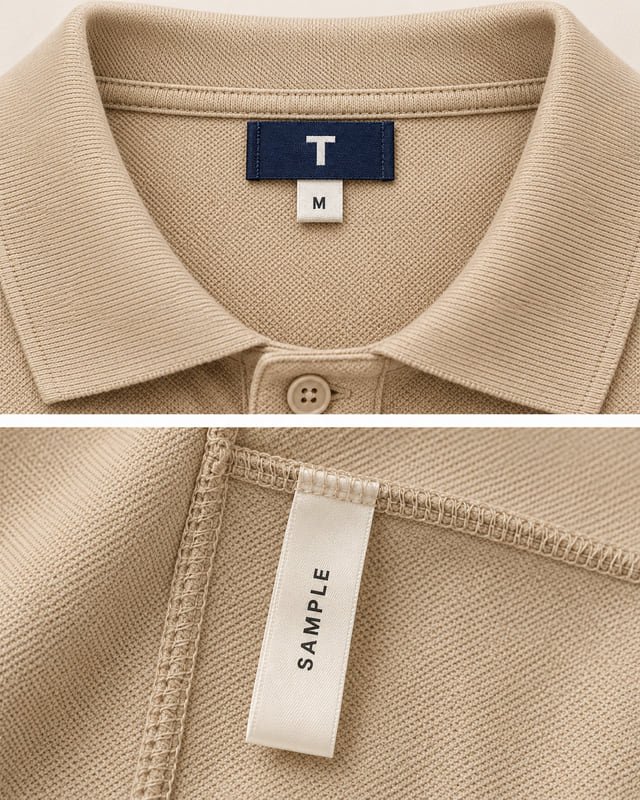 Neck and inside seam label placement examples Reference illustration comparing a navy T neck label and M size tab with a cream SAMPLE label in an inside garment seam.