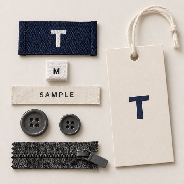 Neutral clothing labels, tag and trims Reference illustration of a navy T label, a size M tab, a sample label, a hanging tag, two buttons and a zipper.