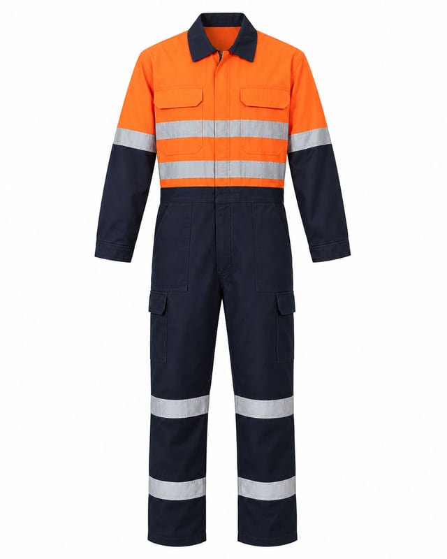 Reference illustration of an orange and navy long-sleeve coverall with chest and thigh pockets and silver-coloured bands on the body, sleeves and legs.