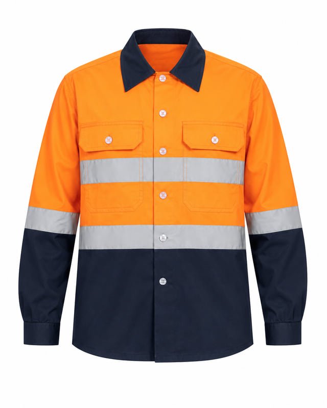 Reference illustration of an orange and navy long-sleeve work shirt with chest pockets and silver-coloured bands across the body and sleeves.