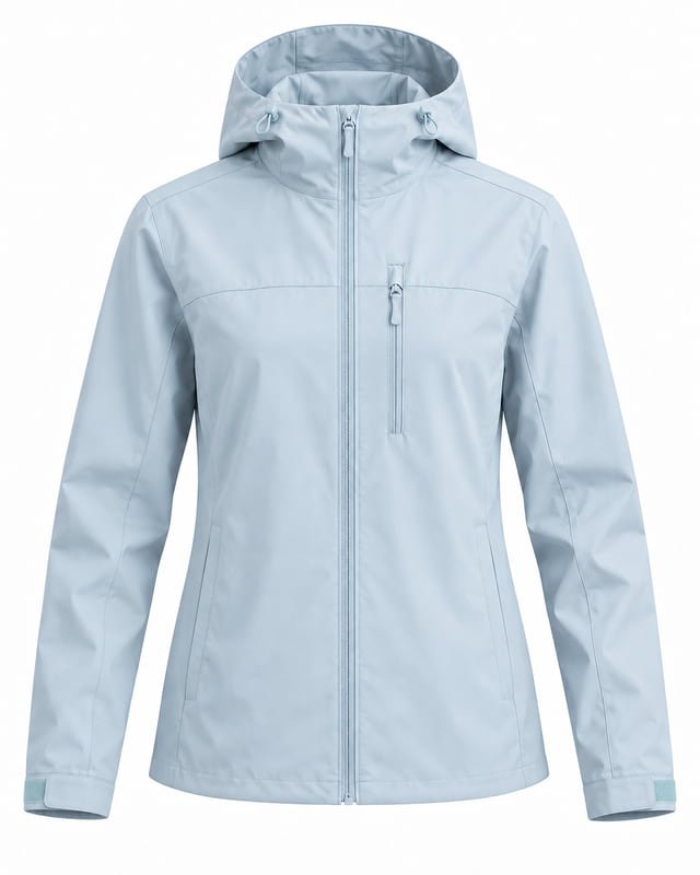 Reference illustration of a pale blue hooded jacket with short matching hood cords, adjustable cuff tabs and a vertical zipped chest pocket.