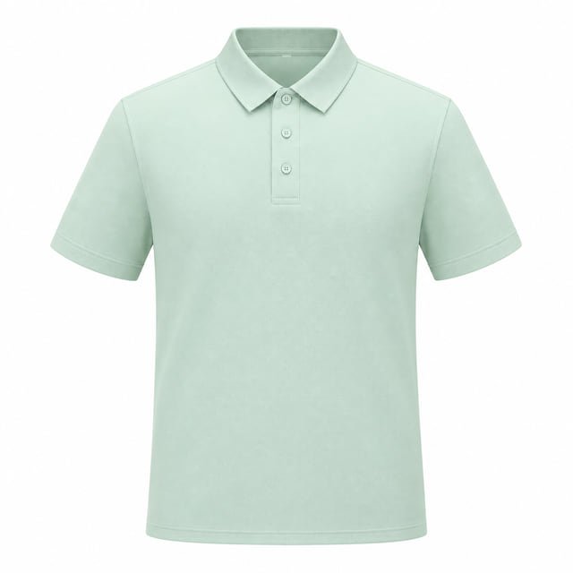 Reference illustration of a pale mint short-sleeve polo shirt with a plain collar and matching buttons.