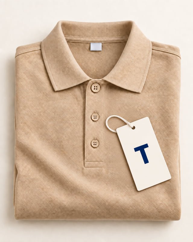 Reference illustration of a loose paper T hangtag and looped string resting on a folded khaki polo.
