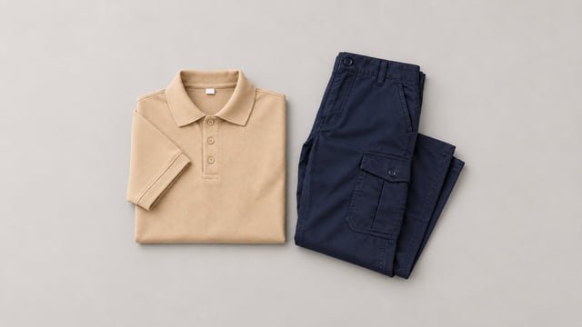 Reference illustration of a folded khaki polo shirt beside navy cargo trousers on a pale surface.