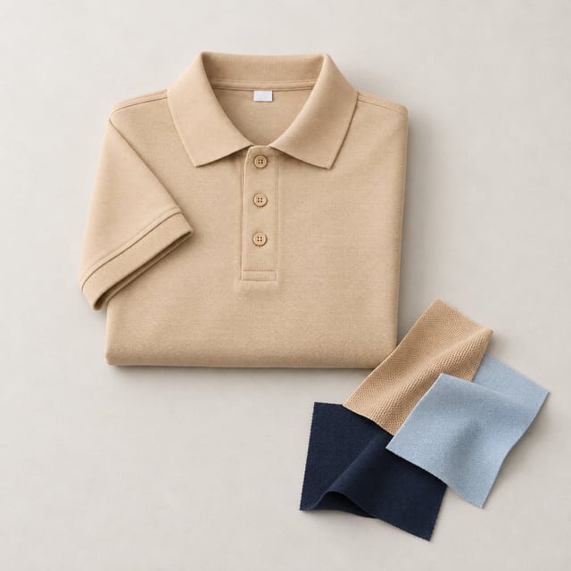 Polo and fabric swatch reference Folded khaki polo shirt beside khaki, pale blue and navy fabric swatches on a light tabletop.