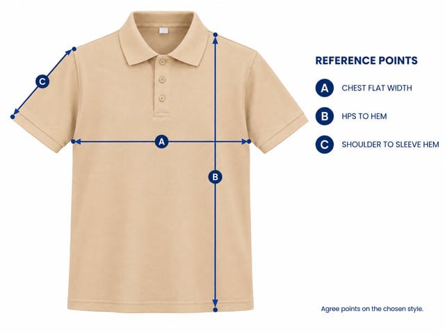 Polo chest length and sleeve measuring points Reference diagram of a khaki polo marking flat chest width, high shoulder point to hem, and shoulder seam to sleeve hem.