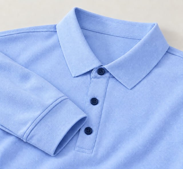 Polo collar and dark button detail Reference illustration of a light blue polo collar and placket with dark buttons, beside a sleeve cuff.
