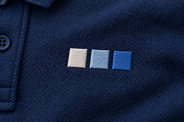 Embroidery on navy knit fabric — technique illustration Illustration of three squares embroidered in cream and blue thread on navy knit fabric.