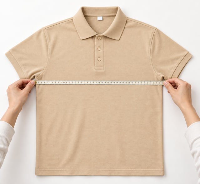 Measuring polo chest width flat — illustration Illustration of hands holding a tape measure across the chest of a khaki polo laid flat.