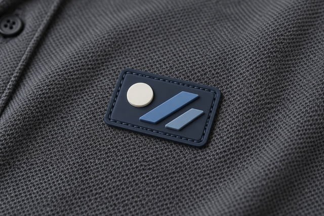 Illustration of a rectangular badge with raised blue and cream shapes and stitched edges on grey knit fabric.