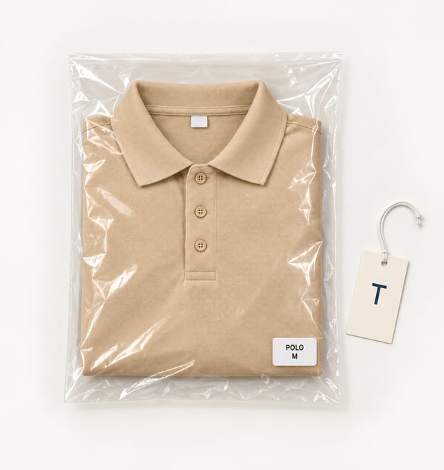 Polo shirt in an individual clear bag Reference illustration of a folded khaki polo inside a clear bag, with a small size label and a separate T tag.