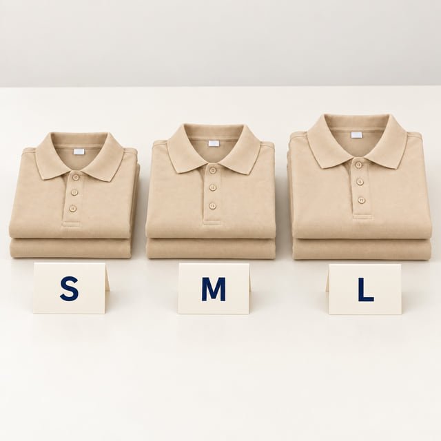 Polo shirts grouped by size Reference illustration of three folded khaki polo shirts above separate S, M and L cards.