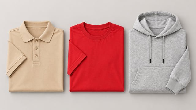 Reference illustration of a khaki polo, red T-shirt and grey hoodie folded side by side.
