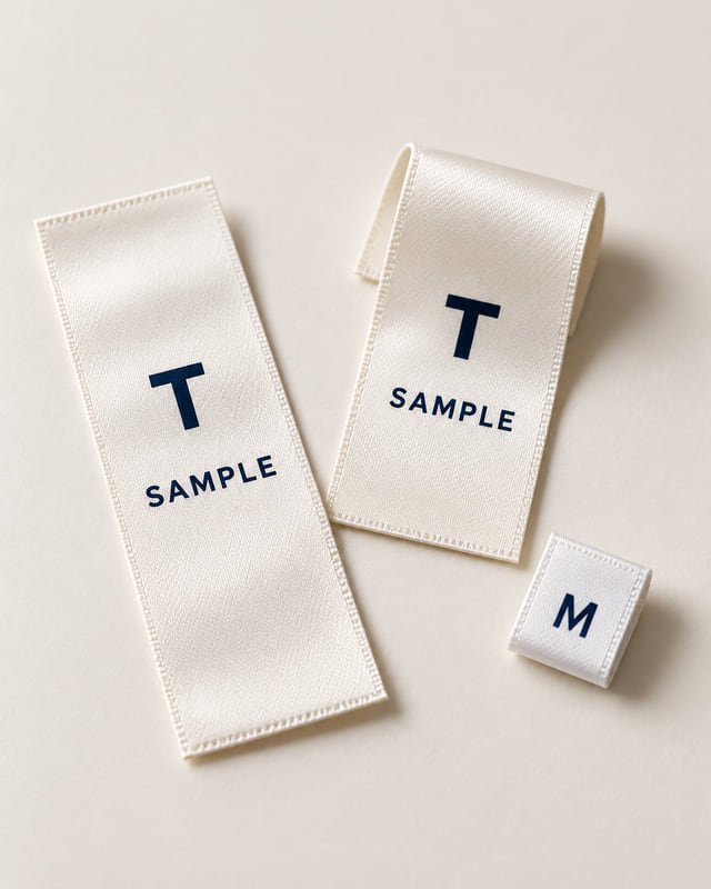 Reference illustration of two cream satin-style labels printed with a T and SAMPLE, beside a separate M size tab.