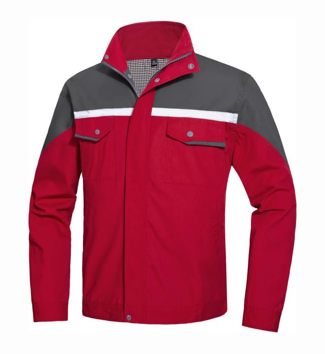 Red work jacket with charcoal shoulder panels, a pale chest stripe and flap chest pockets.