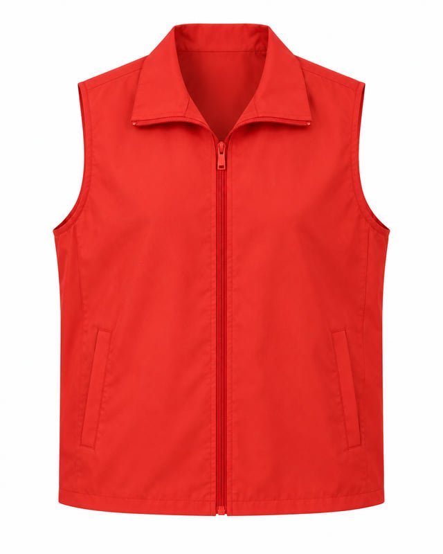 Reference illustration of a red vest with a turn-down collar, full front zip and two side pockets.