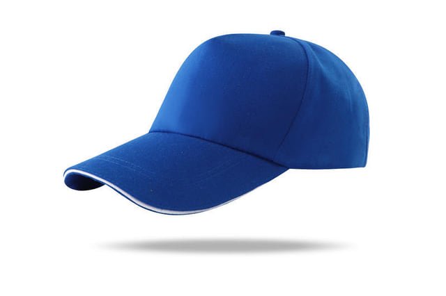 Royal blue baseball cap, three-quarter view Royal blue baseball cap with a curved brim and white trim.
