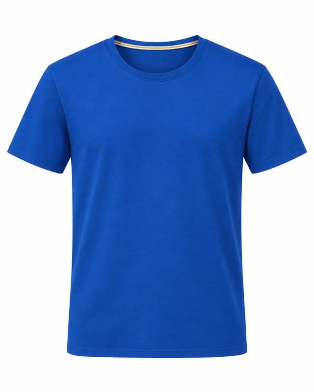 Reference illustration of a royal blue short-sleeve crew-neck T-shirt with a plain front and light inner-neck trim.
